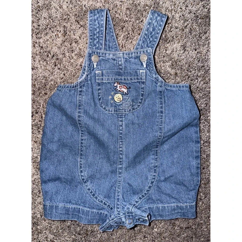 Vintage Carter's Hey Diddle Diddle Overalls 3-6 Months Cow Moon Denim Shortalls